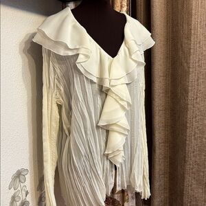 Milano light cream long sleeve pleated crinkle ruffle semi-sheer blouse. Size 2X